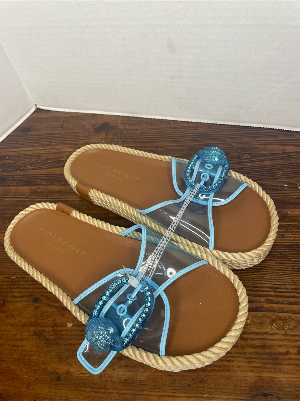 Kurt Geiger London Cabana Mayfair Blue Vinyl Jewel rope slide sandals NWT